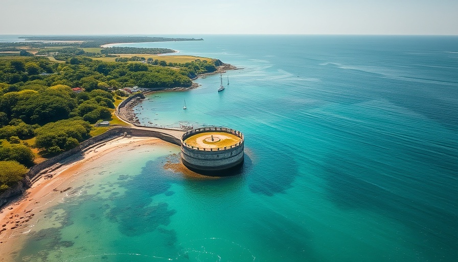 Aerial view of Jersey coastline with historic tower and lush greenery.