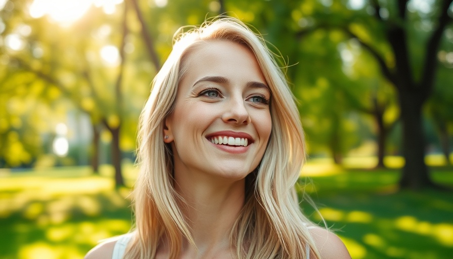 Blonde woman smiling outdoors in green park, natural lighting.