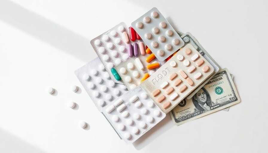 Medication blister packs and dollar bills symbolizing medication cost comparison.