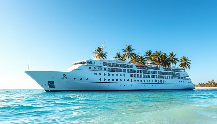 Cruise ship near tropical beach under blue sky, serene scene.