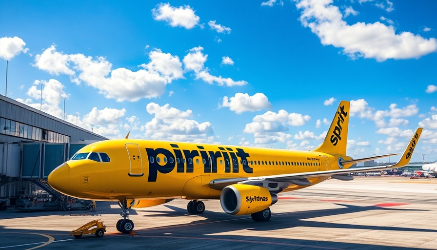 Spirit Airlines airplane at airport gate under blue sky.