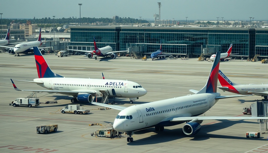 Busy airport scene with Delta and Southwest planes parked.