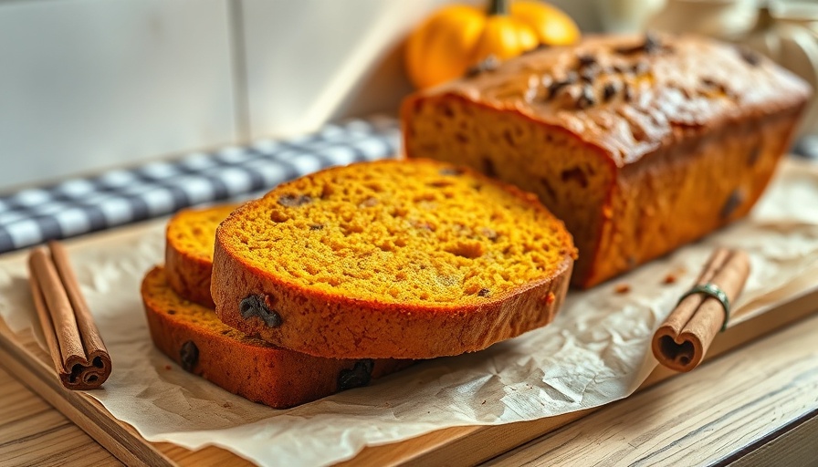 Freshly sliced paleo pumpkin bread with coffee and cinnamon.