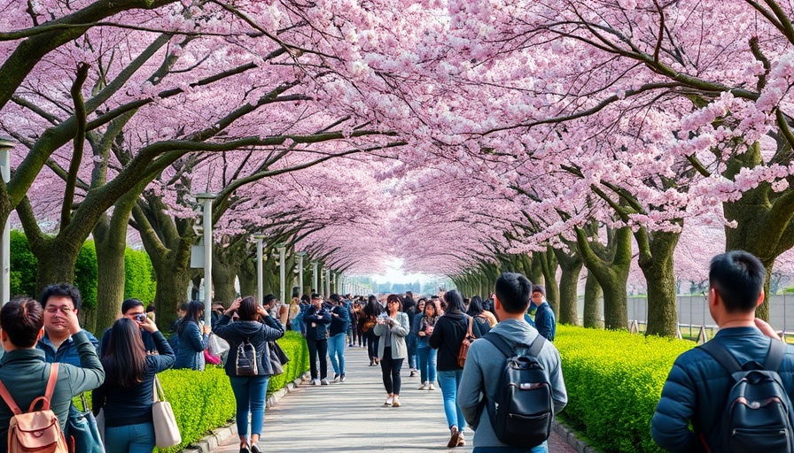 People enjoying cherry blossoms on a scenic path, best places to stay during cherry blossom season.