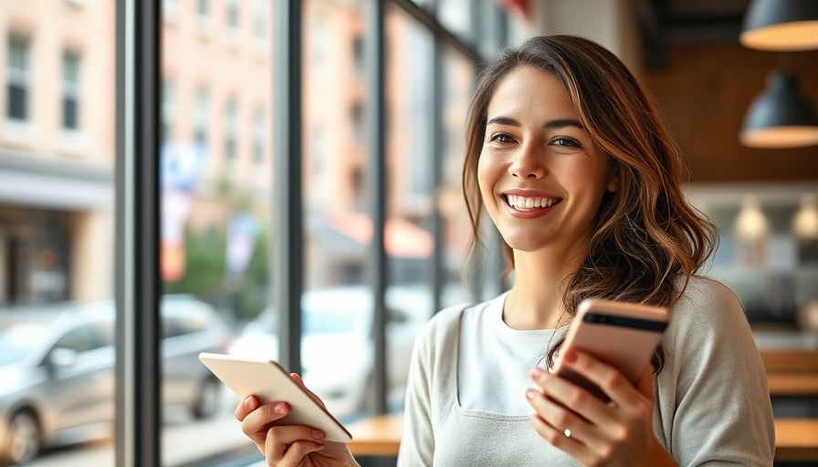 Smiling woman in cafe using smartphone holds Delta SkyMiles Reserve Card.