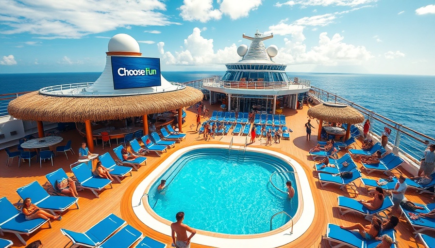 Cruise ship deck with pool and big screen promoting fun activities.