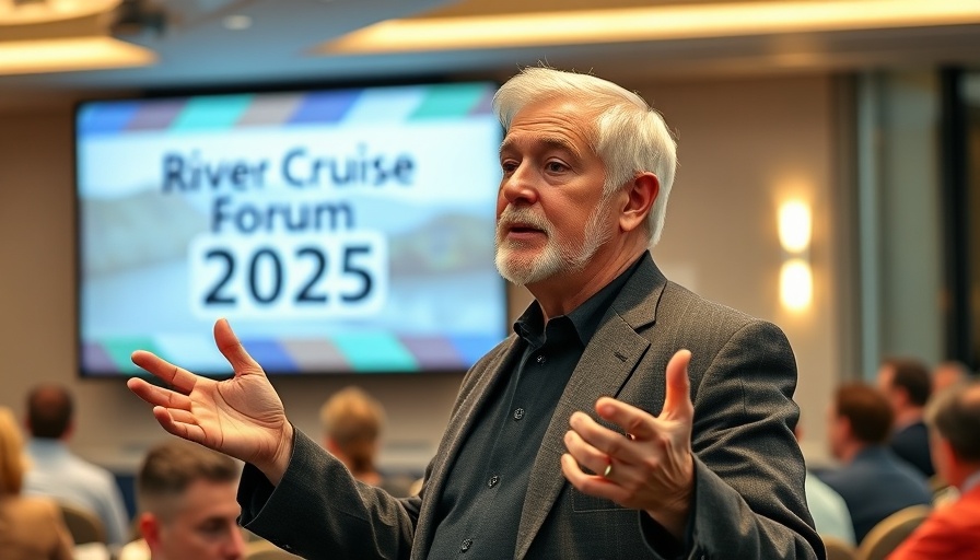 Confident speaker at River Cruise Forum 2025 presentation.