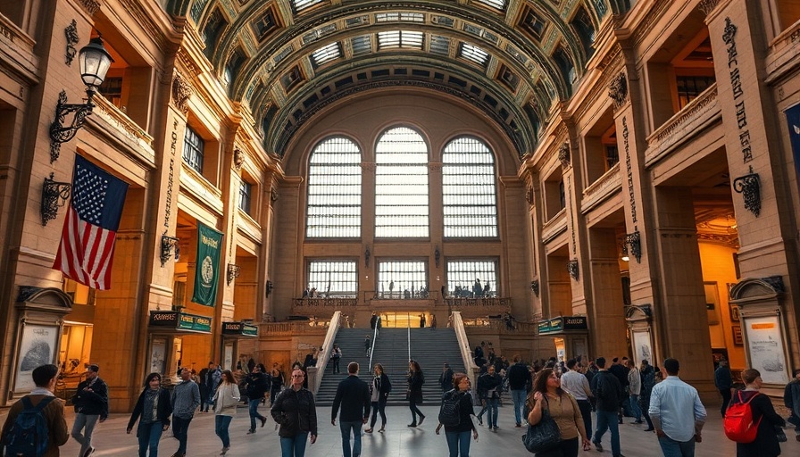 Grand station with travelers near departures board.