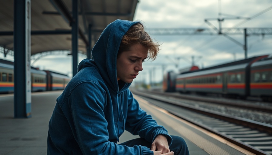 Person in blue hoodie at empty train station, overcoming addiction in Florida.