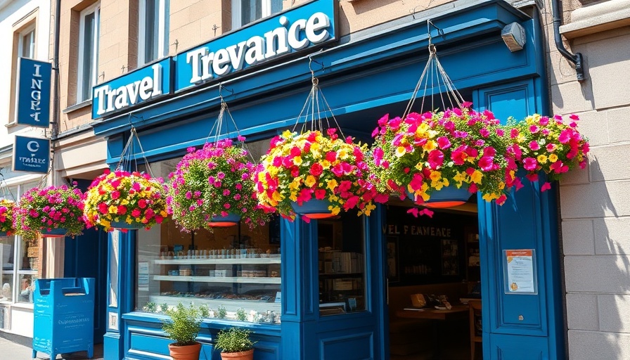 Trafalgar Travel agency storefront with vibrant flower baskets.