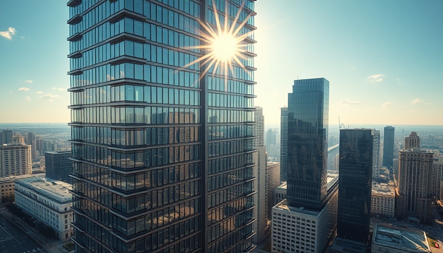 Modern high-rise building in urban cityscape.