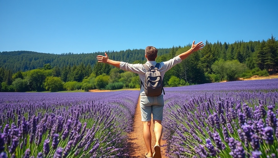 Traveler exploring lavender field, capturing travel joy.