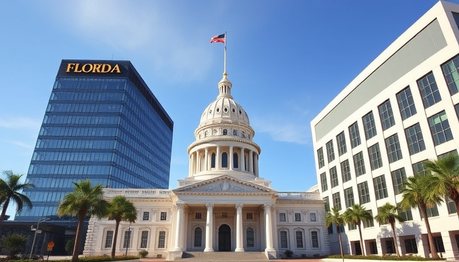 Florida Capitol building contrasting with modern architecture.