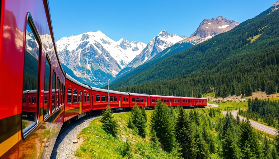 Red train in mountainous landscape for Leger Holidays brochure.