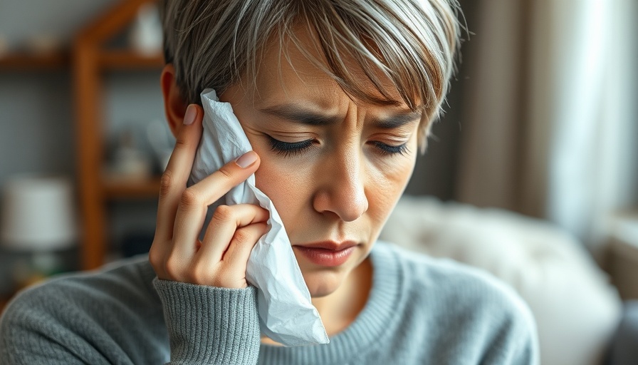 Woman experiencing oral discomfort, emphasizing stress and oral health connection.