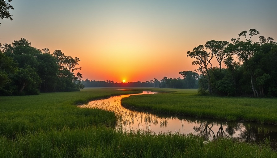 Sunset over a tranquil Mississippi swamp, ideal for wellness retreats.