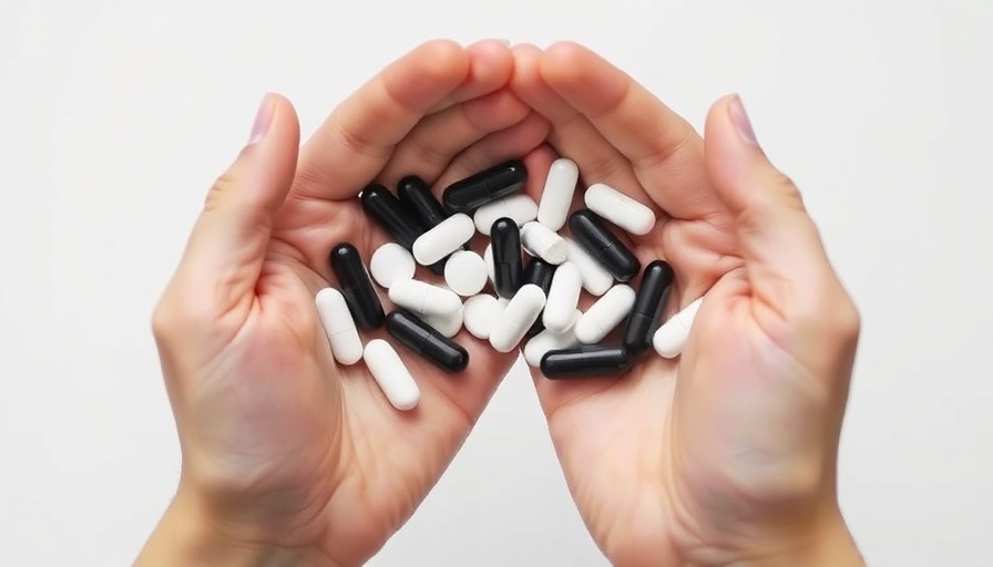 Close-up of hands holding black and white pills, medical choice.