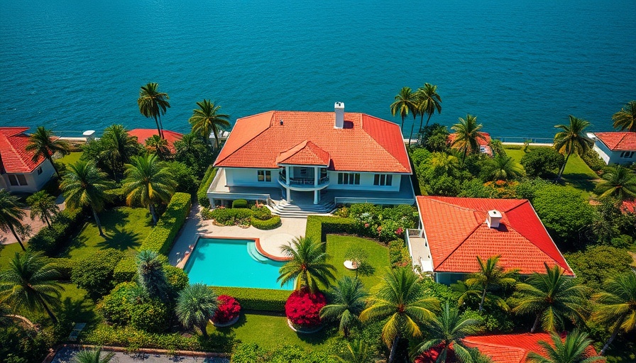 Aerial shot of a Miami Beach mansion for sale with lush gardens.