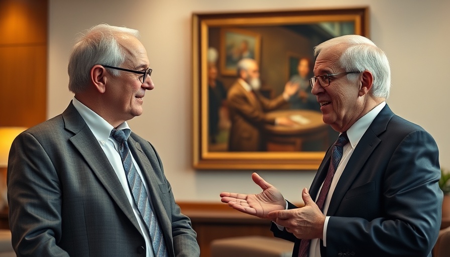 Two men discussing in office, reduce drug spending by staying healthy backdrop.