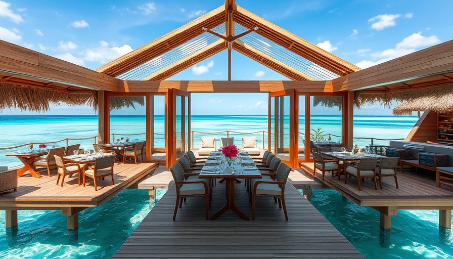 Tropical resort dining area over clear waters, ideal for relaxing with Hilton free night certificates.