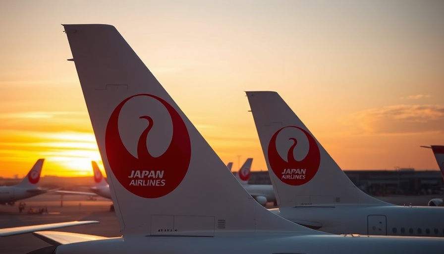 Japan Airlines airplanes with iconic logo at sunset.
