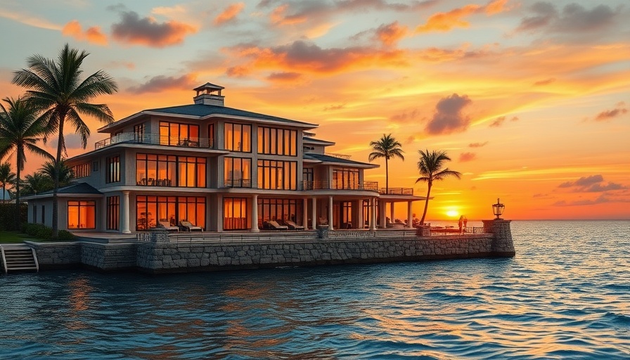 Luxurious waterfront mansion at sunset by the shore.