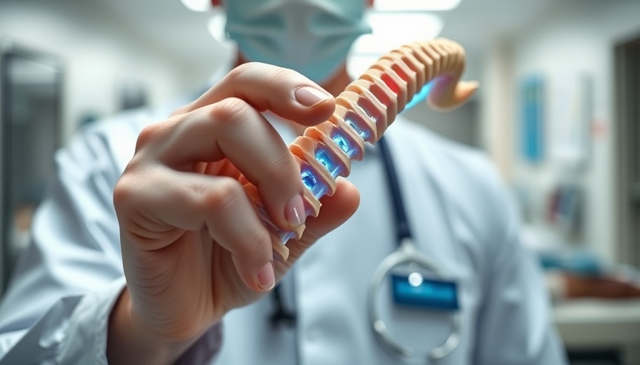 Stealth laser treatment depiction on spine model for nerve pain.