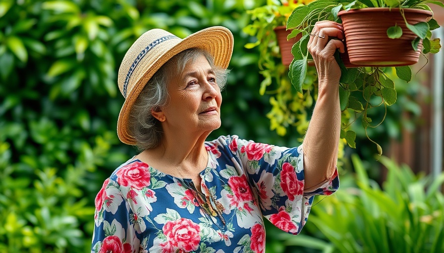 Older woman gardening, adjusting hanging plants in sunlight