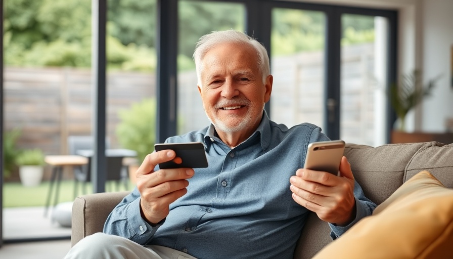 Elderly man shopping on phone, Rakuten summer deals.