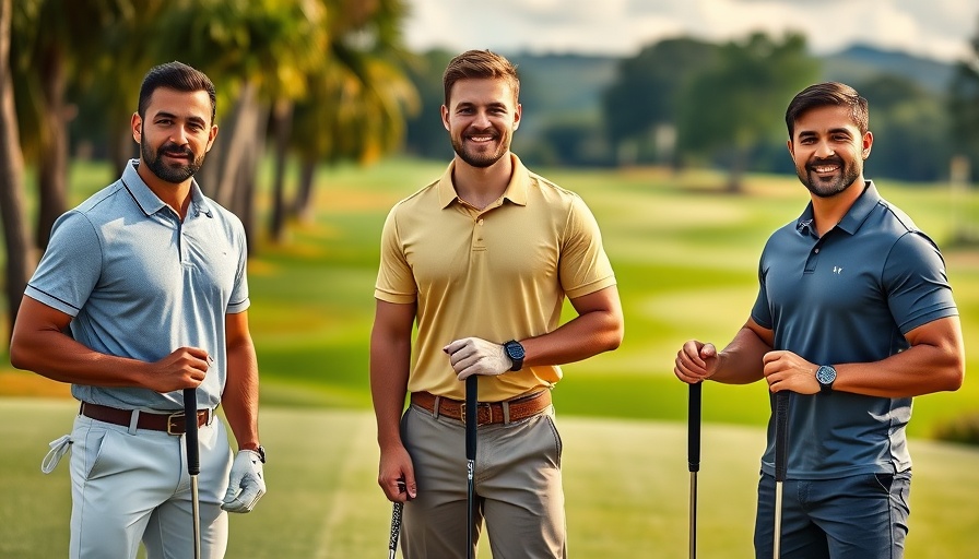 Healthy men on golf course promoting lose belly fat.
