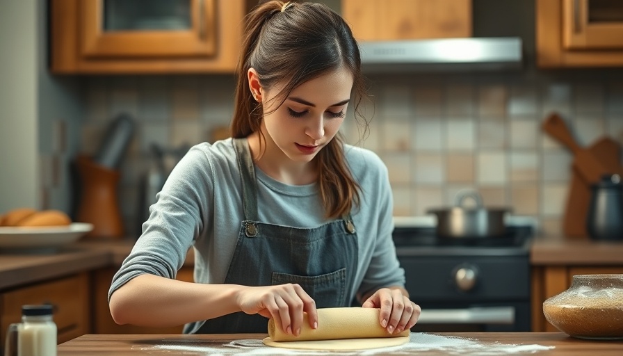 Young woman rolling dough in a traditional kitchen.