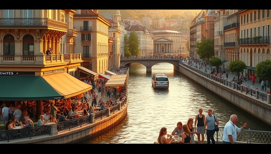 European riverside cafe scene under warm sunlight illustrating leisure.