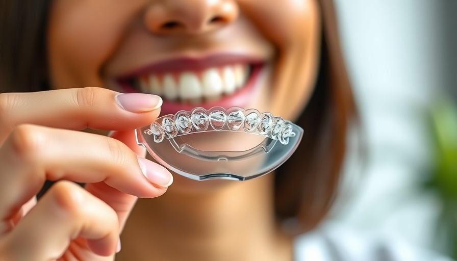 Close-up of clear aligner held by smiling person, teeth straightening focus.