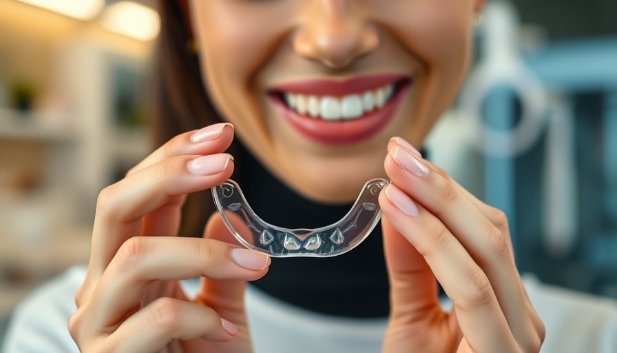 Woman demonstrating teeth straightening aligner close-up.
