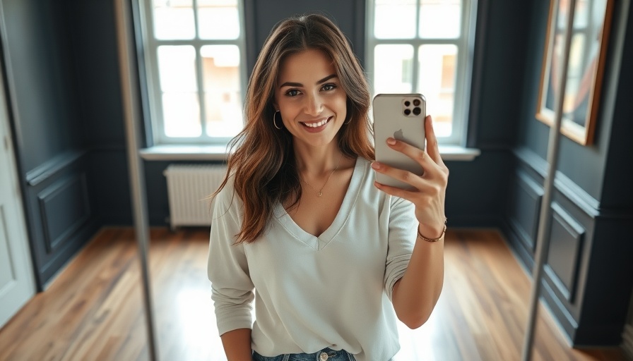 Woman in summer outfit smiling and taking a selfie, indoors, casual style.