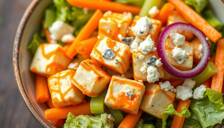 Crispy Buffalo Halloumi Salad in a ceramic bowl with vibrant vegetables.