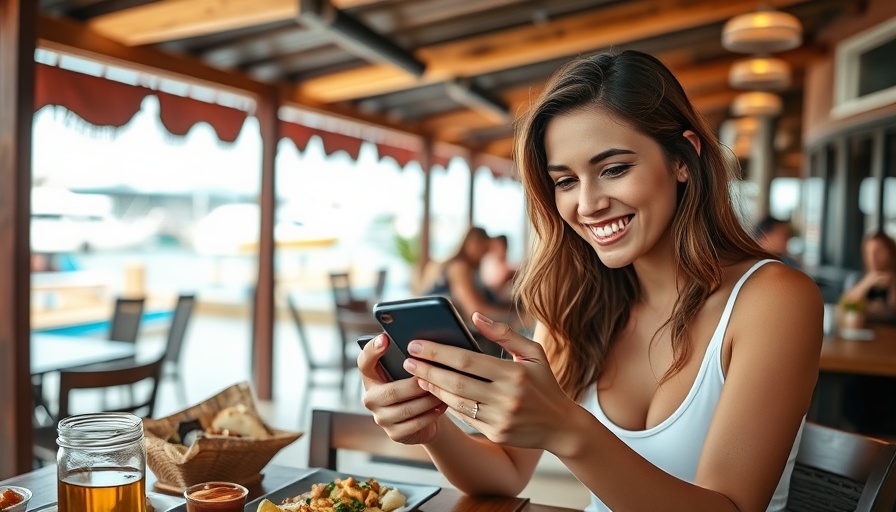 Woman enjoying One Key credit card welcome offers at waterfront restaurant.