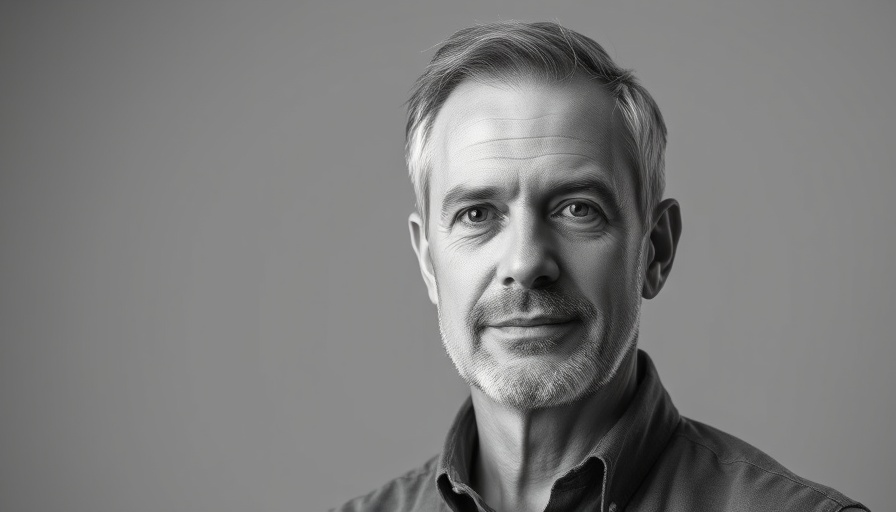 Middle-aged man, neutral expression, black and white portrait.