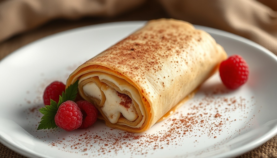 Cottage Cheese Tiramisu Crepe Roll elegantly served with cocoa.