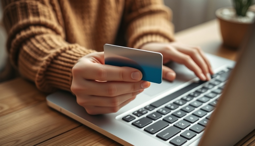 Hands holding credit card by laptop, cozy indoor setting