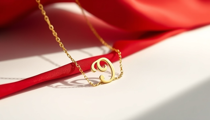 Elegant gold initial necklace on a white surface with red fabric, initial necklaces Florida.