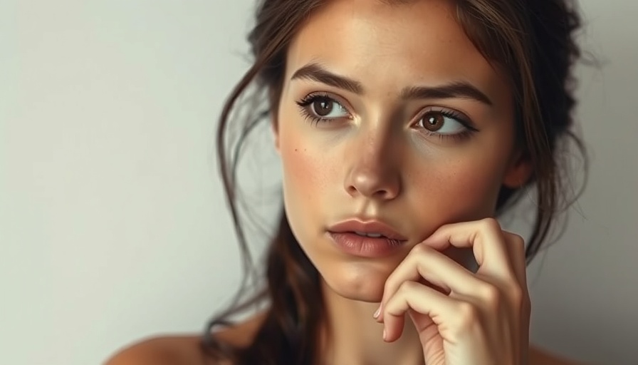 Young woman with cosmetic surgery markings on her face, thoughtful expression, Photorealistic.