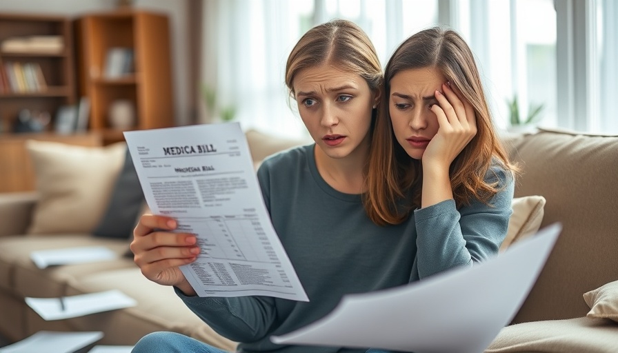 Confused woman looks at medical bill, lab test co-pay confusion.