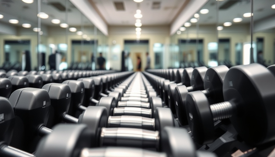 Modern gym features with sleek dumbbells in bright setting.