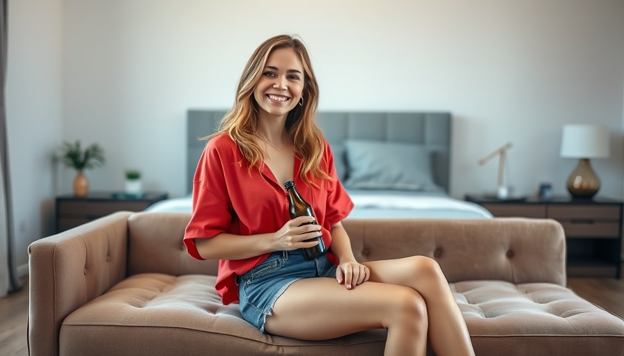 Casual woman relaxing while holding a drink in modern bedroom