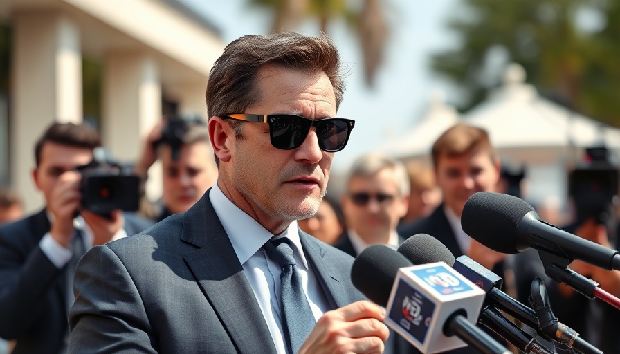 Man in sunglasses being interviewed outside by press, media event.