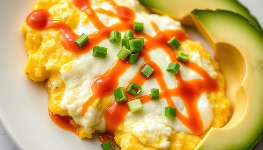 Easy sheet pan scrambled eggs with avocado and sriracha.