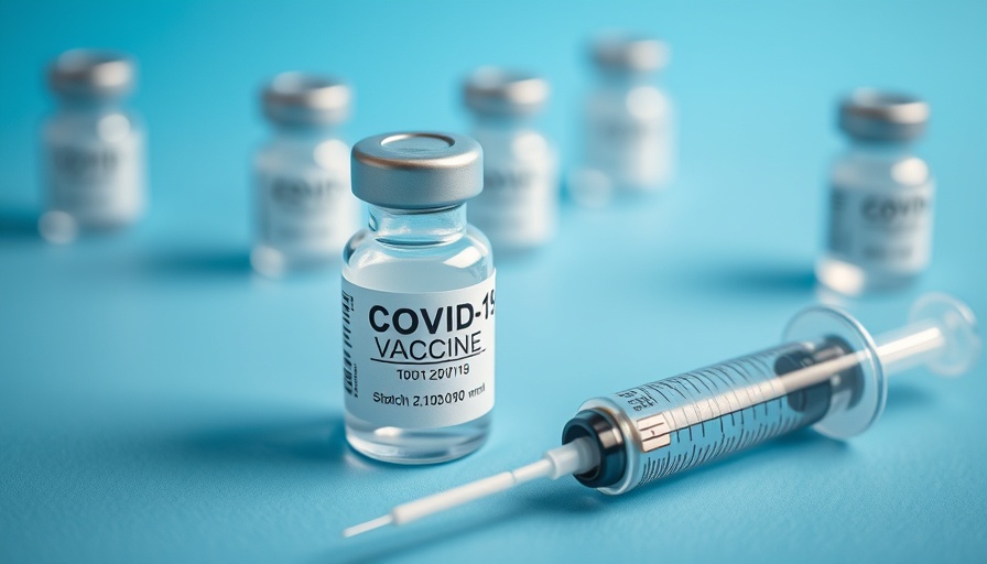 COVID-19 vaccine vial and syringe on blue surface, close-up view.