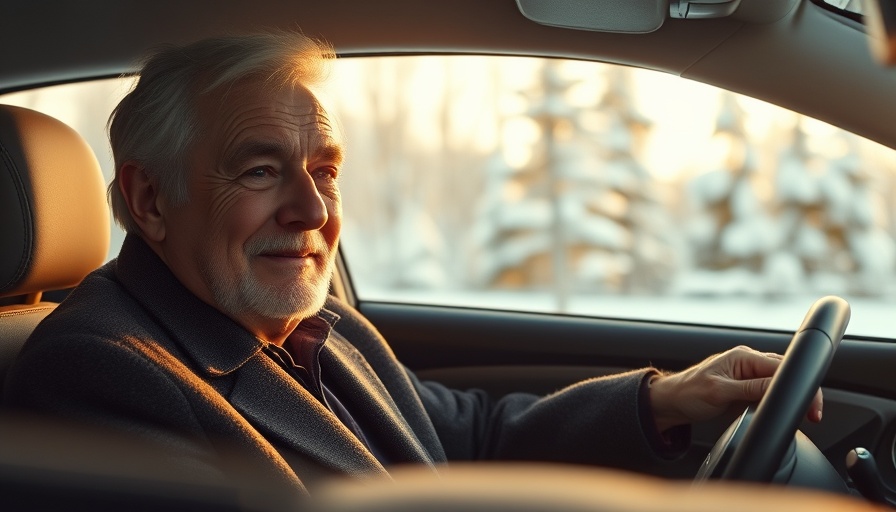 Incontinence travel tips for road trips: Comfortable elderly man driving in winter.
