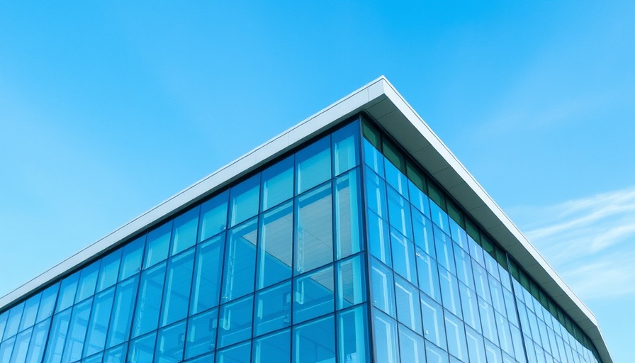 Modern glass building with angled roof under a clear sky, showcasing architectural design.